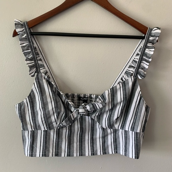 NEW Express Black White Stripe Cotton Ruffle Knot Crop Top Size Large Coastal - Picture 2 of 14